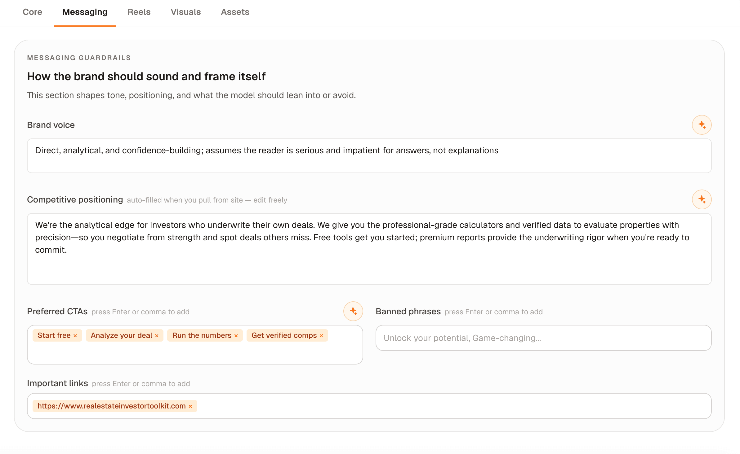 Orange Potato messaging guardrails view showing brand voice, competitive positioning, preferred CTAs, and banned phrases.